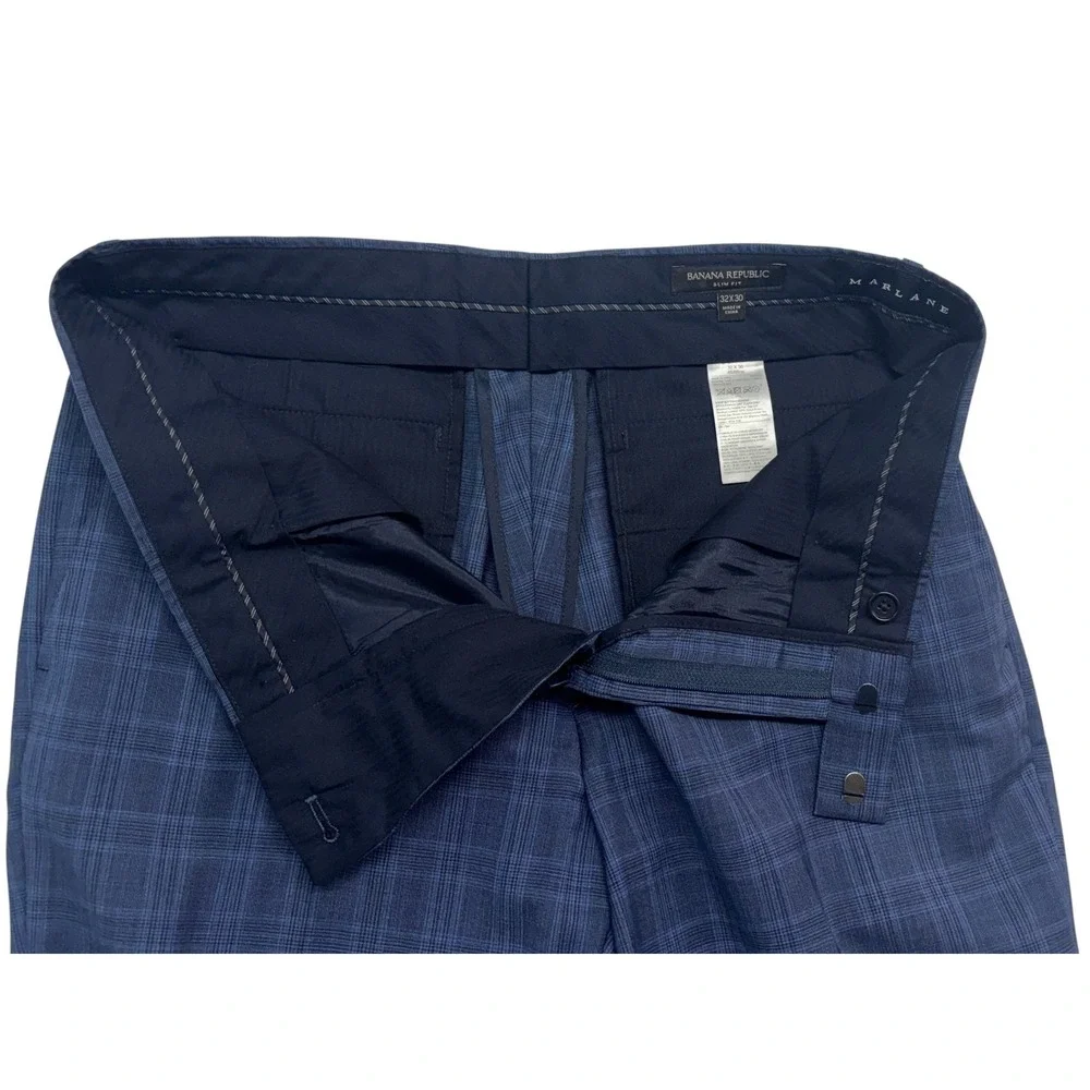 Banana Republic 32x30 Navy Blue Plaid Dress Pants Trousers Marlane Wool Slim Fit